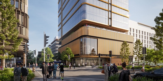 Artists impression of the view of the 50 First Avenue building from across the street looking at the lobby entrance.