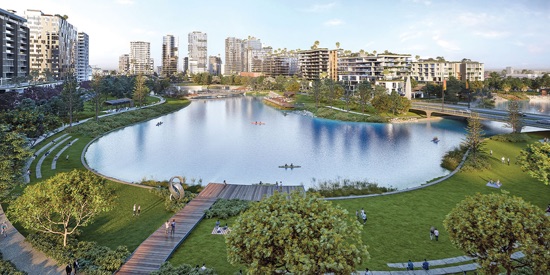 An artist’s impression of the public space and lake at Marooochydore City Centre with buildings in the background