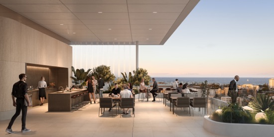 An artist’s impression of office workers enjoying ocean view from the rooftop terrace at 50 First Avenue.